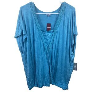 VIP Knits Blouse Womens Size 26/28 Blue Crochet Neck Short Sleeve Wrap Shirt NEW